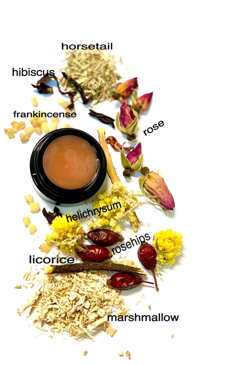 May include: A close-up of a small jar of lip balm surrounded by dried herbs and flowers. The herbs and flowers include rosehips, liquorice root, marshmallow root, helichrysum, frankincense, hibiscus, rose, and horsetail.