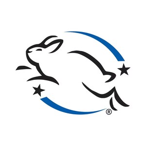 May include: A white rabbit leaping, outlined in black, within a blue arc, with two black stars. The logo is a symbol of cruelty-free products, often found on cosmetics and household items.