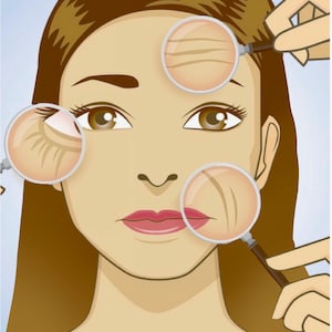 May include: A close-up illustration of a woman's face with magnifying glasses highlighting wrinkles around the eyes, forehead, and mouth.