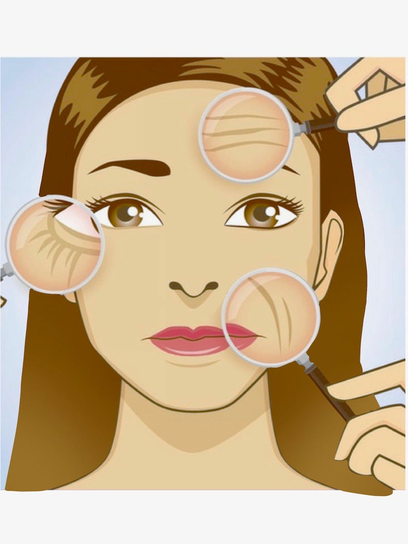 May include: A close-up illustration of a woman's face with magnifying glasses highlighting wrinkles around the eyes, forehead, and mouth.