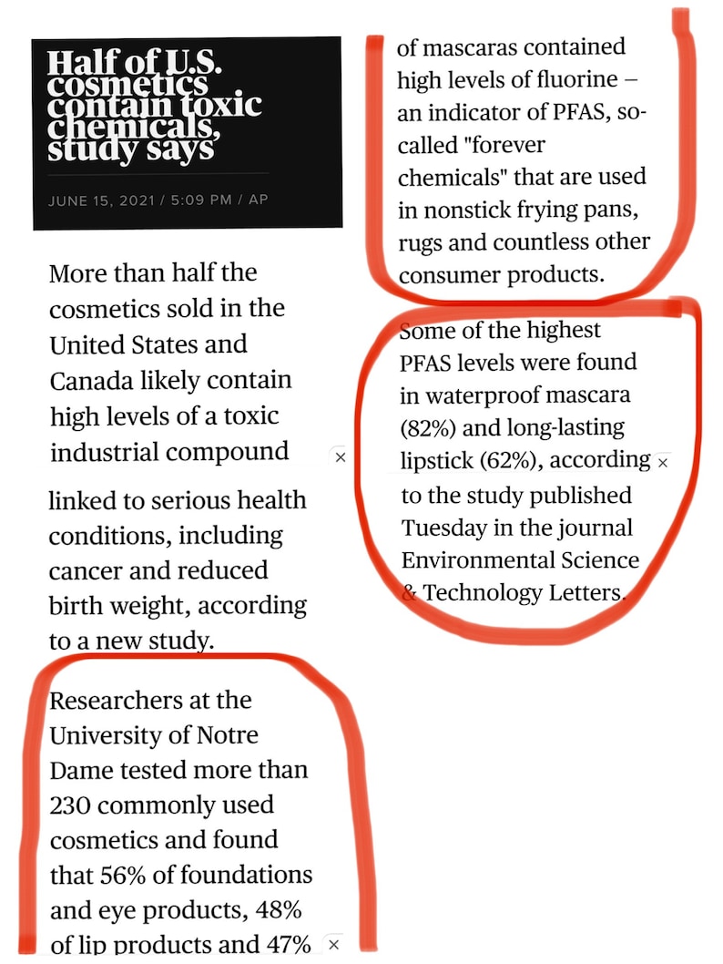 May include: A newspaper article headline reads "Half of U.S. cosmetics contain toxic chemicals, study says." The article discusses a study that found high levels of PFAS in cosmetics, including waterproof mascara and long-lasting lipstick. The study was published in the journal Environmental Science & Technology Letters.
