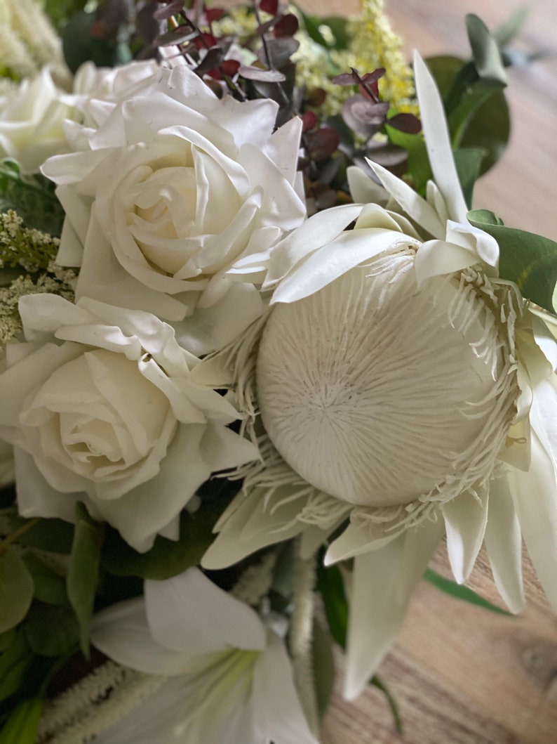 White Artificial Protea Wedding Bouquet Etsy UK