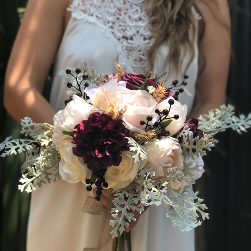 Burgundy bride artificial wedding shops bouquet x2