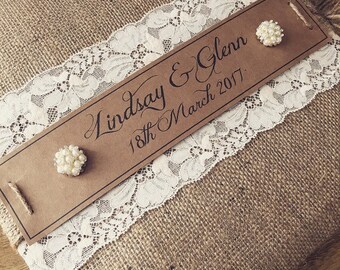 Vintage, rustic wedding hessian and lace guest book