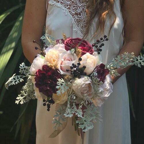 Burgundy bride artificial wedding shops bouquet x2