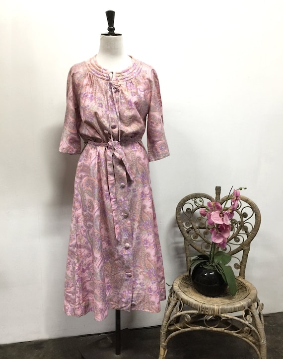 Vintage 60's Pink Floral Housecoat Button Dress