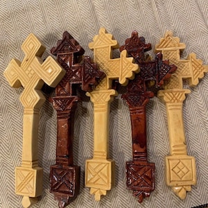 Ethiopian Orthodox Wood Crosses: Coptic Priest Holding Cross, Wall Hanging, Lot of 5