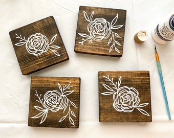 Hand painted floral wood coasters