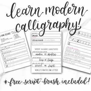 Puede incluir: Una hoja de trabajo imprimible para aprender caligrafía moderna. La hoja de trabajo incluye instrucciones sobre cómo escribir letras minúsculas, líneas de práctica para escribir y ejemplos de cómo conectar las letras. El texto en la hoja de trabajo dice "¡Aprende caligrafía moderna!" y "AMB Home Designs".