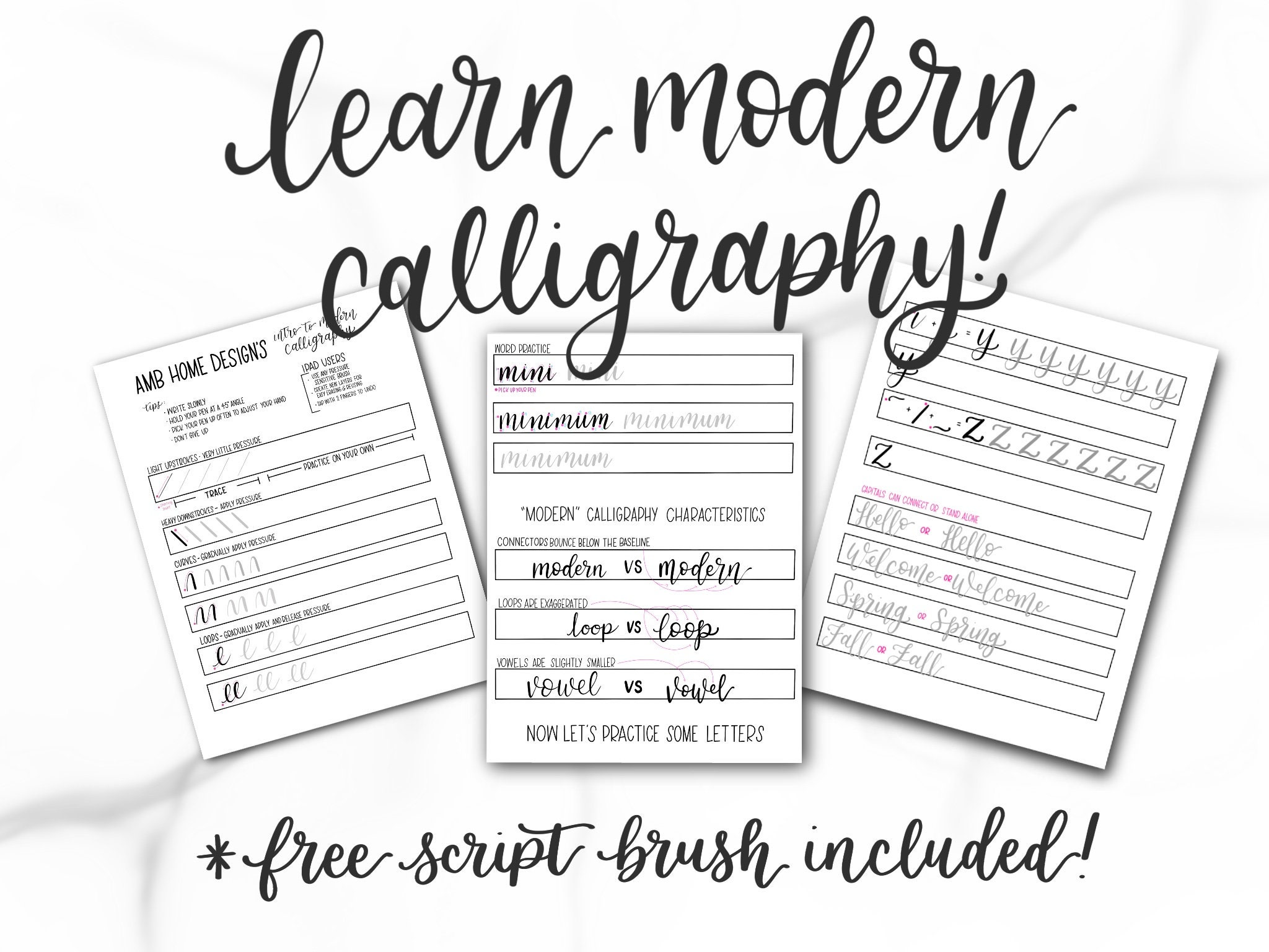 Brush Lettering Worksheets for Large Pens Calligraphy Worksheets Lettering  Printables Modern Calligraphy Guide 