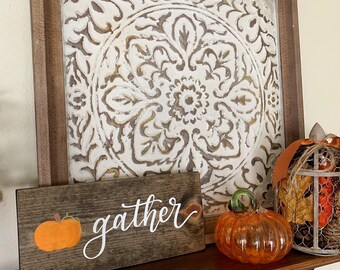 Gather wood sign with pumpkin - fall decor