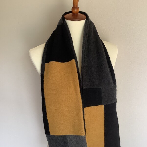 Upcycled cashmere OOAK artisan scarf #6. Recycled pure cashmere grey and marigold yellow scarf. Unisex repurposed cashmere scarf