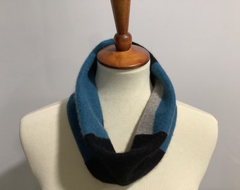 Upcycled single loop cashmere infinity scarf #5A. Repurposed pure cashmere black, blue and grey cashmere cowl.