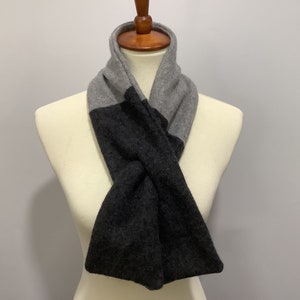 Upcycled unisex light and dark grey cashmere keyhole  scarf # 7A. Repurposed pure cashmere scarf. Recycled cashmere winter accessory.