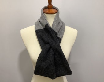 Upcycled unisex light and dark grey cashmere keyhole  scarf # 7A. Repurposed pure cashmere scarf. Recycled cashmere winter accessory.