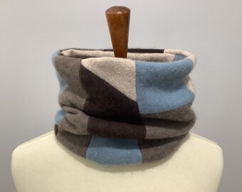 Upcycled brown and blue cashmere tube scarf #12A. Repurposed pure cashmere artisan gaiter. Recycled cashmere OOAK unisex cowl