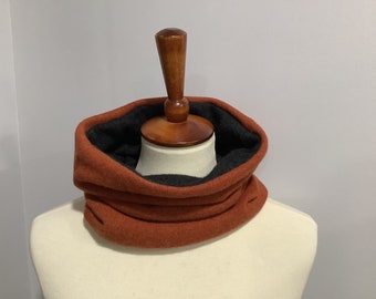 Upcycled dark grey and rust orange cashmere tube scarf # 104. Recycled pure cashmere tube scarf. Unisex repurposed cashmere cowl