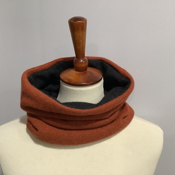 Upcycled dark grey and rust orange cashmere tube scarf # 104. Recycled pure cashmere tube scarf. Unisex repurposed cashmere cowl