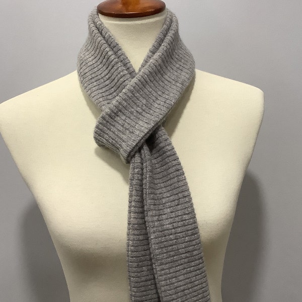 Upcycled heather grey textured cashmere scarf #72. Repurposed pure cashmere ribbed cashmere narrow scarf. Cashmere skinny scarf