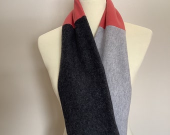 Upcycled cashmere scarf #17. Deep grey, tangerine orange, and light grey repurposed cashmere scarf.  Unisex cashmere scarf