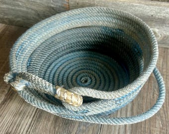 Handmade Blue Neutral Rope Basket with Handles, Farmhouse Storage Organizer