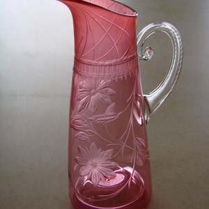 Pitcher, Floral Pitcher, Glass Pitcher, Hand Blown Pitcher, Hand Engraved Pitcher, Pink Pitcher, Art Glass Pitcher, Orbix Hot Glass