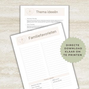 Op de afbeelding: Printbare maaltijdplanningswerkblad met een lichtbruin harticoon en de tekst "Familiefavorieten" en "Thema-ideeën". Het werkblad bevat een lijst met maaltijd ideeën zoals "Vleesloze maandag", "Taco dinsdag" en "Soep zaterdag". De tekst "DIRECT DOWNLOAD KLAAR OM TE PRINTEN" staat in een groene cirkel.