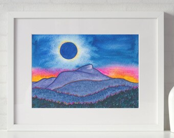 Watercolor Mountain Solar Eclipse Art Print - 5x7 Vermont Long Trail Art Print - Total Eclipse over Camels Hump - Giclee Print