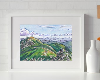 Watercolor Mountain Art Print - 5x7 Vermont Long Trail Art Print - South from the Lips - Mount Mansfield Giclee Print