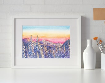 Impresión artística de montaña en acuarela - Impresión artística del sendero largo de Vermont - Montañas de pleno invierno - Impresión giclée rosa y azul del Monte Mansfield nevado en invierno