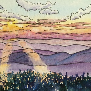 Green Mountain Sunset Study - Original Watercolor Landscape Painting - Small Vermont Mountain Art