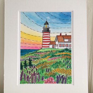 West Quoddy Head Lighthouse - original watercolor art - Maine lighthouse painting - made in Maine