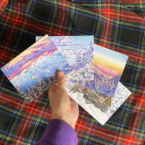 Juego de tarjetas navideñas de Mt Mansfield: tarjetas de acuarela en blanco de invierno con motivos navideños de las montañas de Vermont: 8 tarjetas de felicitación y sobres: Long Trail Cards