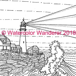Pode incluir: Um desenho a preto e branco de um farol com um feixe de luz a sair do topo. O farol está numa costa rochosa com ondas a bater nas rochas. O texto "Watercolor Wanderer 2018" está no canto superior esquerdo da imagem.