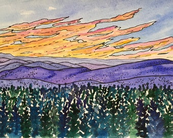 Glastonbury Ridge Study - Original Watercolor Landscape Painting - Vermont Art - Sunset Mountain Painting - Long Trail Art
