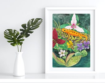 Watercolor Giclee Art Print - 5x7 Vermont Nature Art Print - Spring in the Woods - Vermont Spring Ephemeral Red Eft Eastern Newt Art Print