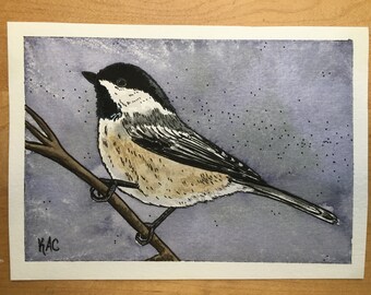 Black Capped Chickadee - Original Small Watercolor Bird Painting - 5x7" Watercolor and Pen Nature Art - Watercolor Bird Art - Maine bird