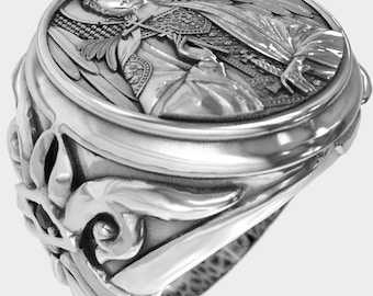 Engraved Archangel Saint Michael Silver Ring 0915