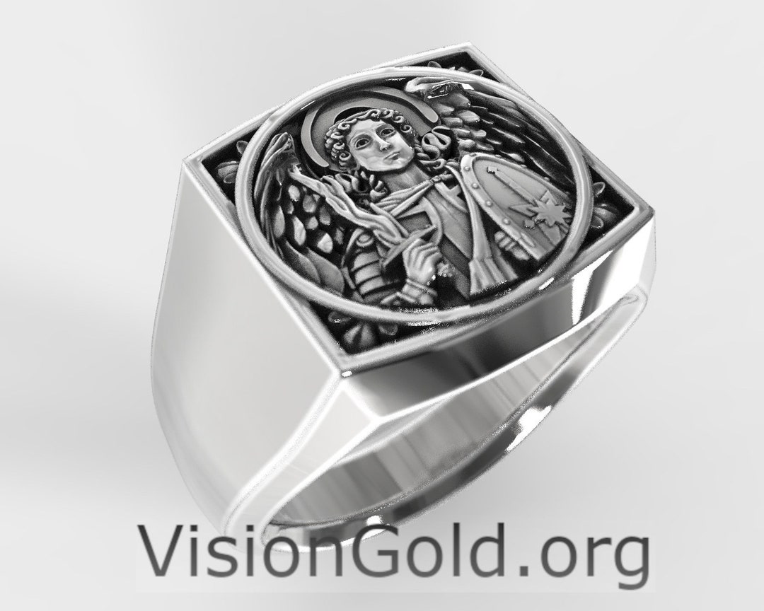 St Michael the Archangel, Sterling Silver Square Ring, Mens