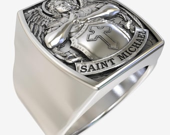 Anillo de sello del Arcángel Miguel de plata esterlina hecho a mano, joyería de protección religiosa