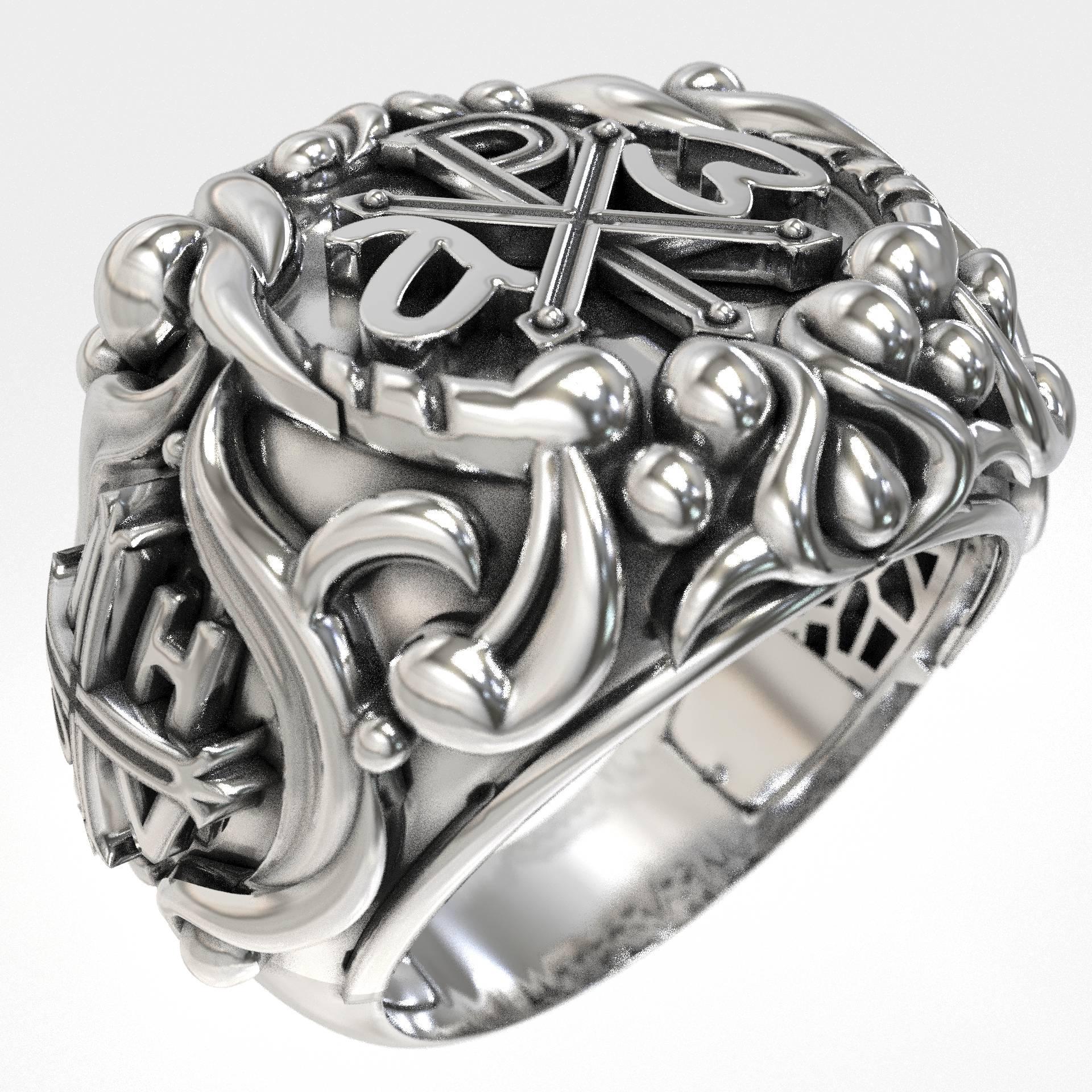 Mens Handmade Chi Rho Signet Ring, Oxidized 925 Silver Christian 