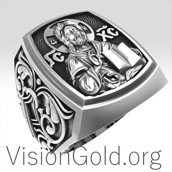 Unique Catholic Orthodox Russian-Greek Jesus Christ Save & Protect Men's Signet Ring Sterling Solid Silver 0204