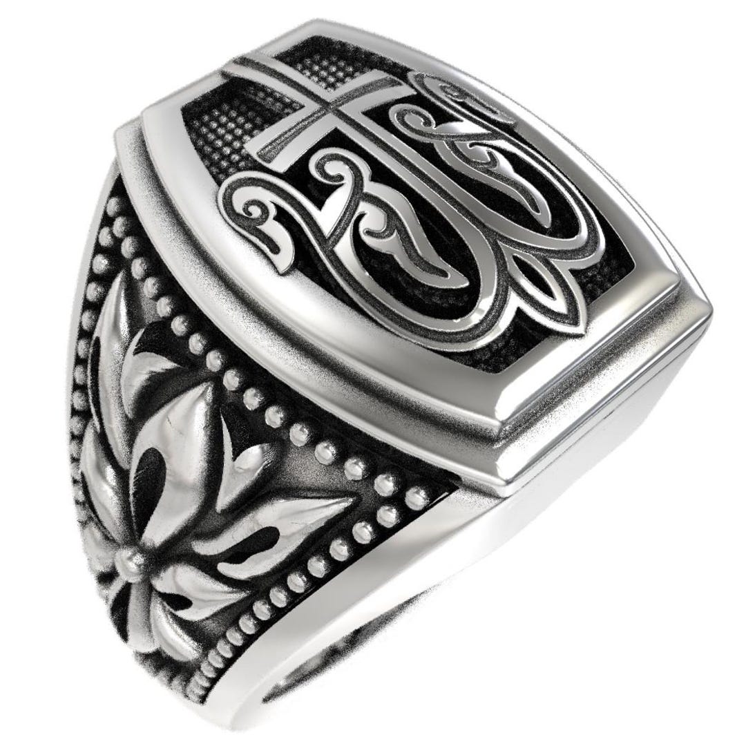 Handcrafted Sterling Silver Signet Ring for Men, Large Christian Cross ...