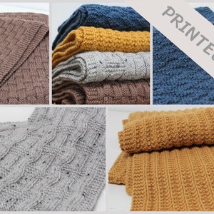 Four classic scarf patterns - PRINTED.  Weave, Grain, Sway & Furrow. Easy knitting pattern for scarves in DK yarn. Beginner knitting pattern