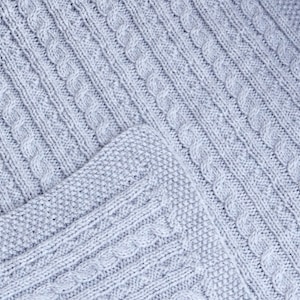 Cabled baby blanket knitting pattern. This completely reversible blanket has cables on both sides of the blanket. The moss stitch edges are knitted at the same time. Pattern written for Aran weight yarn.