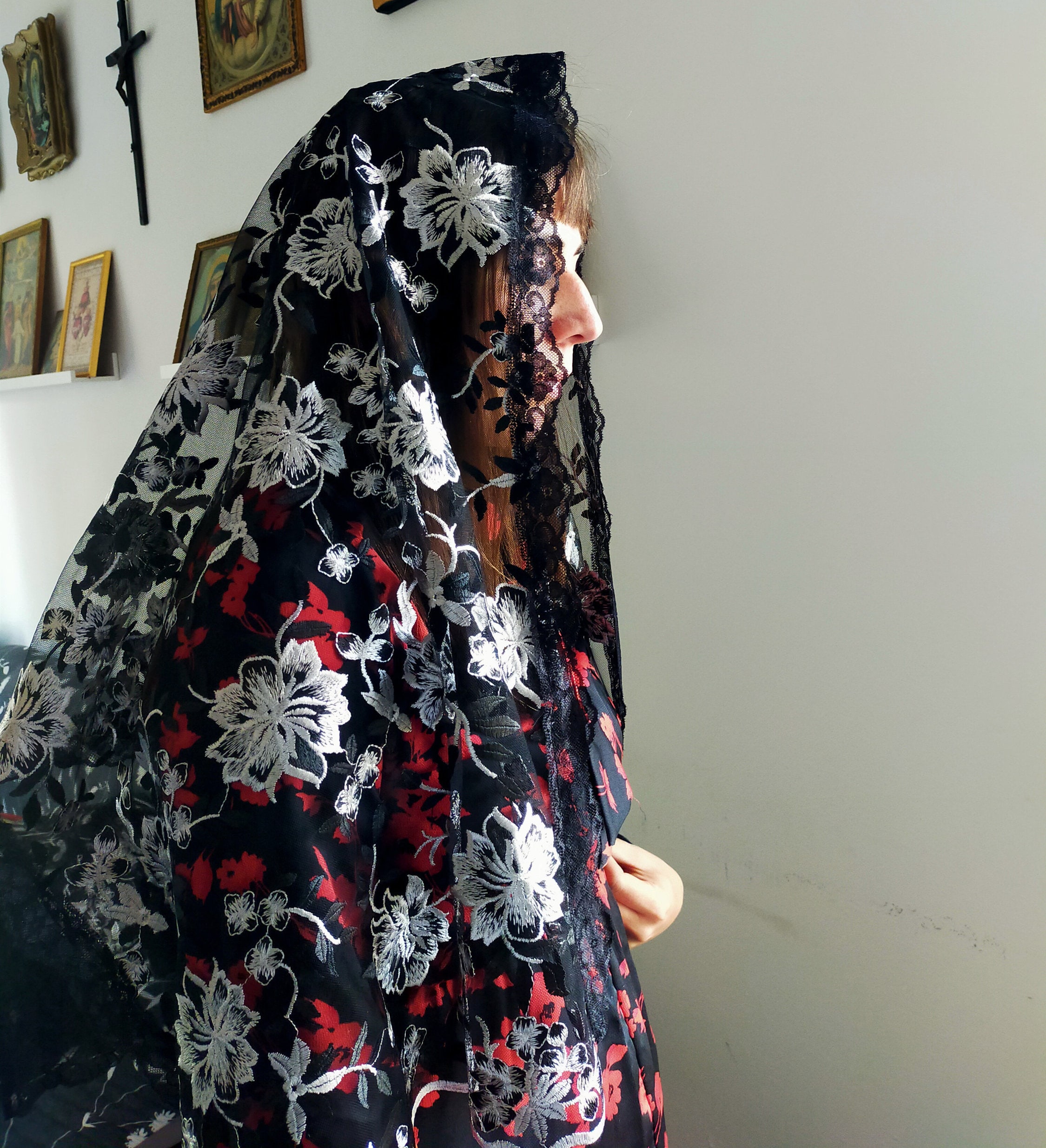 BEAUTELICATE Velo Di Pizzo Chiesa Velo Da Sposa Mantilla Velo Cattolica - Foto 8