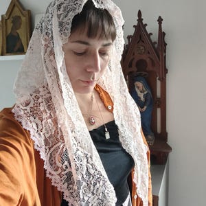 May include: A delicate, off-white lace veil with a floral pattern. The veil is draped over the head and shoulders. The lace has a scalloped edge. The person is wearing an orange cardigan and a black top.