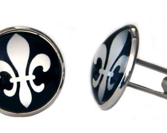 Boutons de manchette fleur de lys Gascoigne Noir blanc argent alliage de zinc pour homme