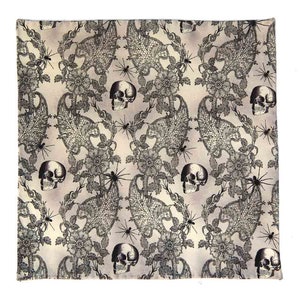 Hand Stitched / Rolled Skull Pocket Square Cotton Tan Black Gray Floral Spiders Goth Men&#39;s