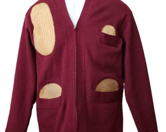 Vintage 40s 50 Wool Leather Varsity Style Cardigan Sweater Men's Size SLIM M